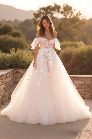 Ivory A Line Off The Shoulder Flutter Sleeve Court Train Wedding Dress With Lace